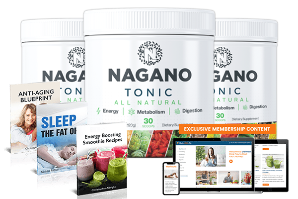 Three containers of Nagano Tonic All Natural dietary supplements with a membership content brochure and two guidebooks for anti-aging and weight loss recipes.