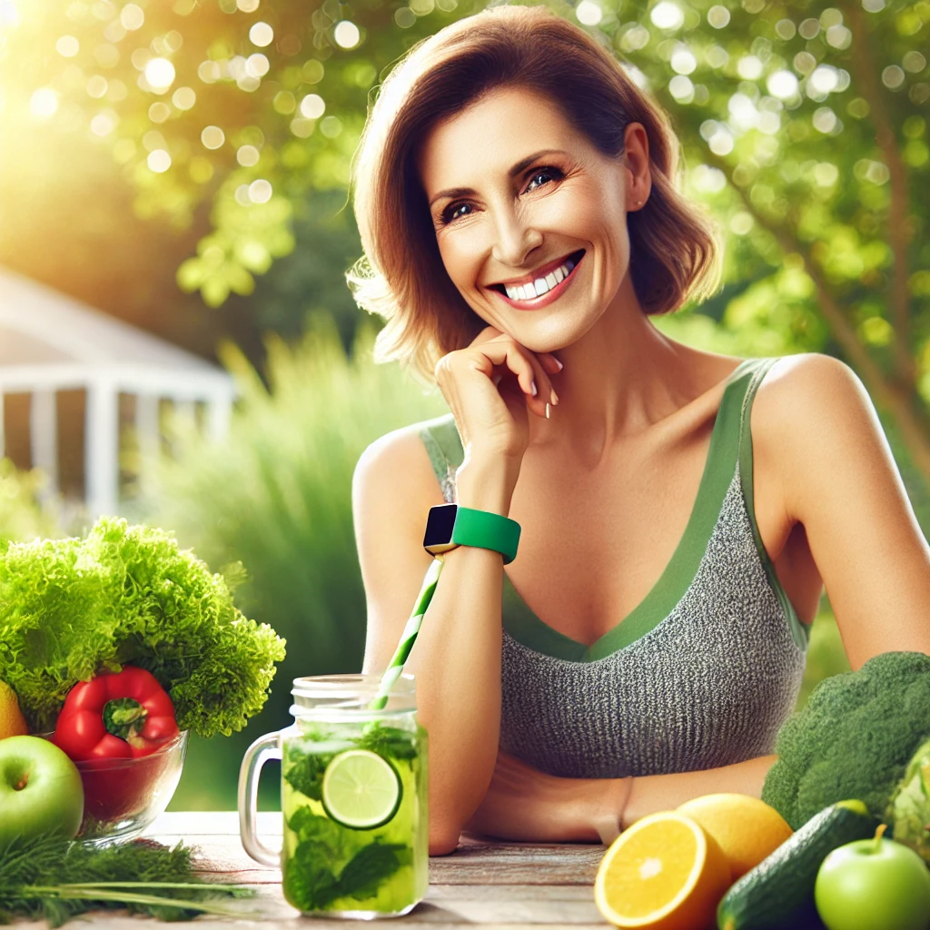 A smiling woman with a fitness tracker on her wrist sitting at a table with fresh vegetables and a jar of infused water.