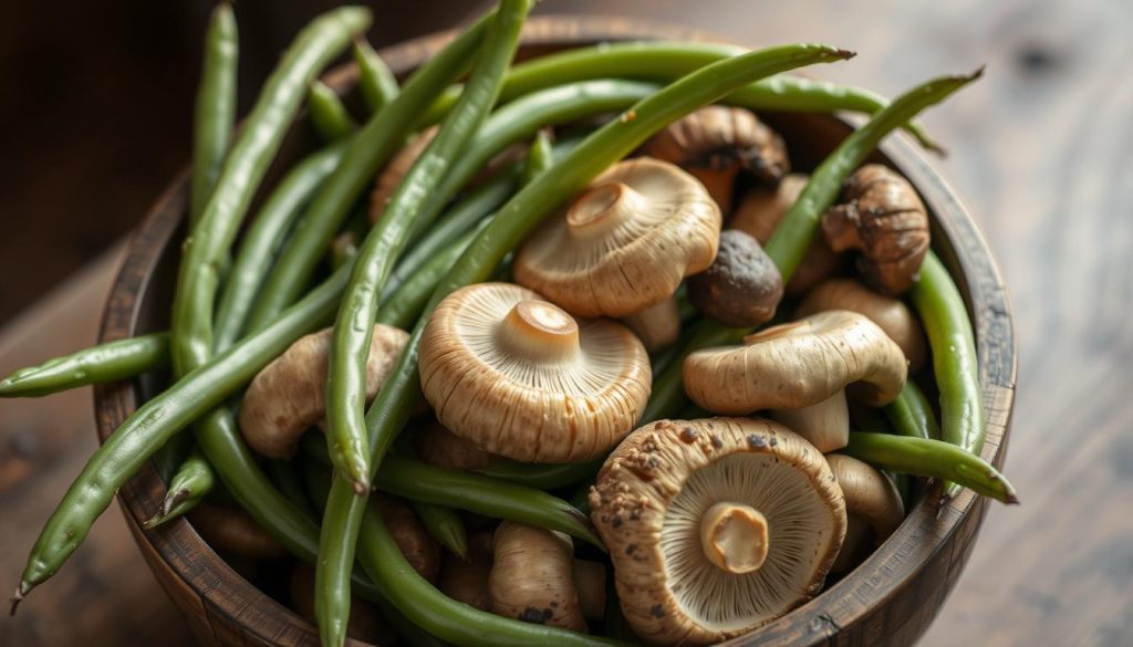 fresh green beans and best mushrooms in green bean casserole